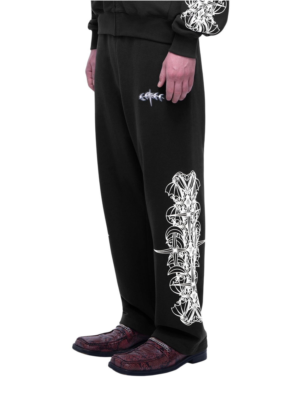 Dark Grey Luminous Dawn pants with contrasting astral side graphics