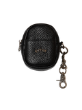 THE BOY HAS NO PATIENCE black pebble-grain leather belt pouch with metallic logo, zipper, and detachable chain.