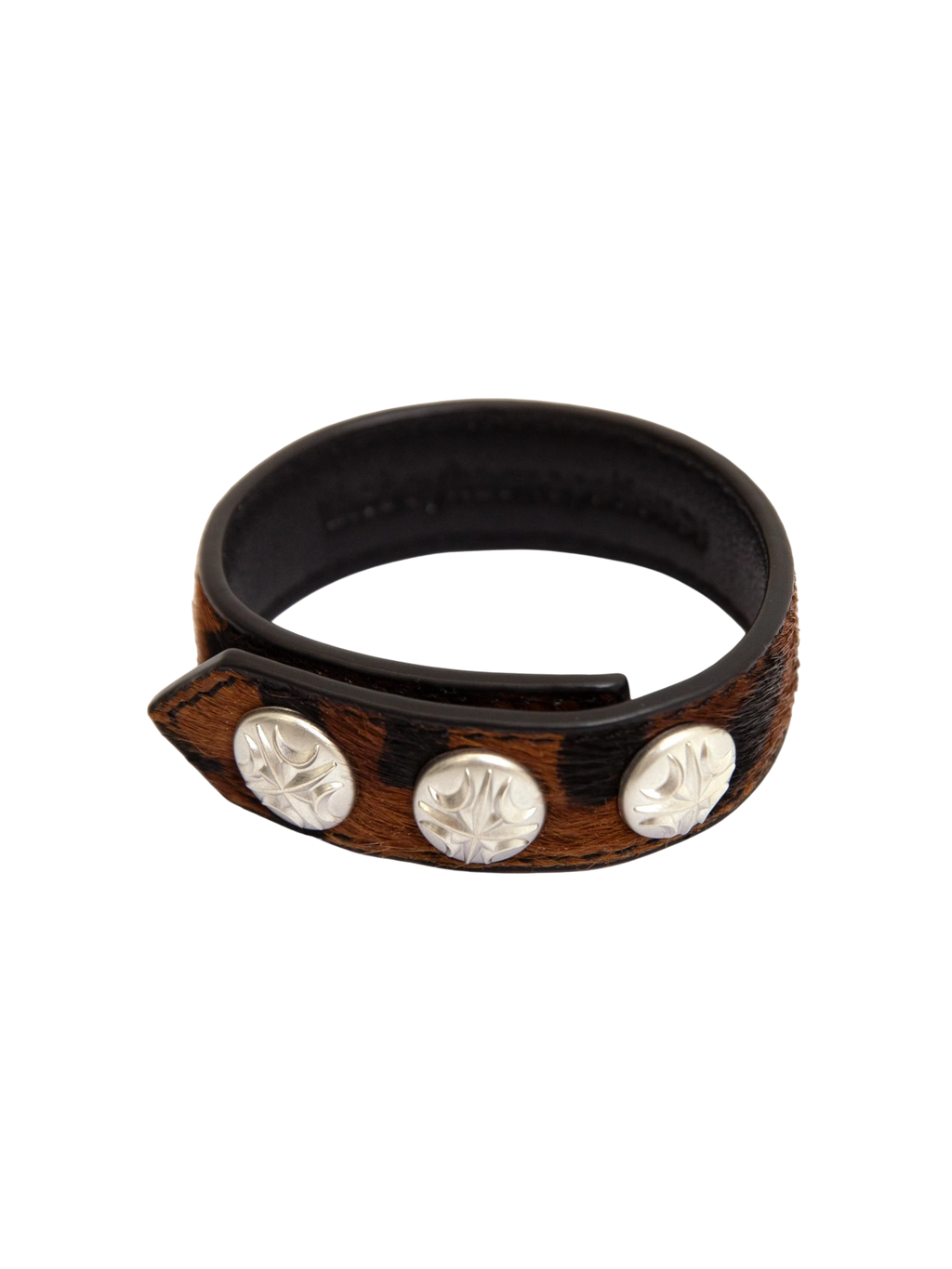 Leopard horsehair leather bracelet with silver-tone hardware, product view.