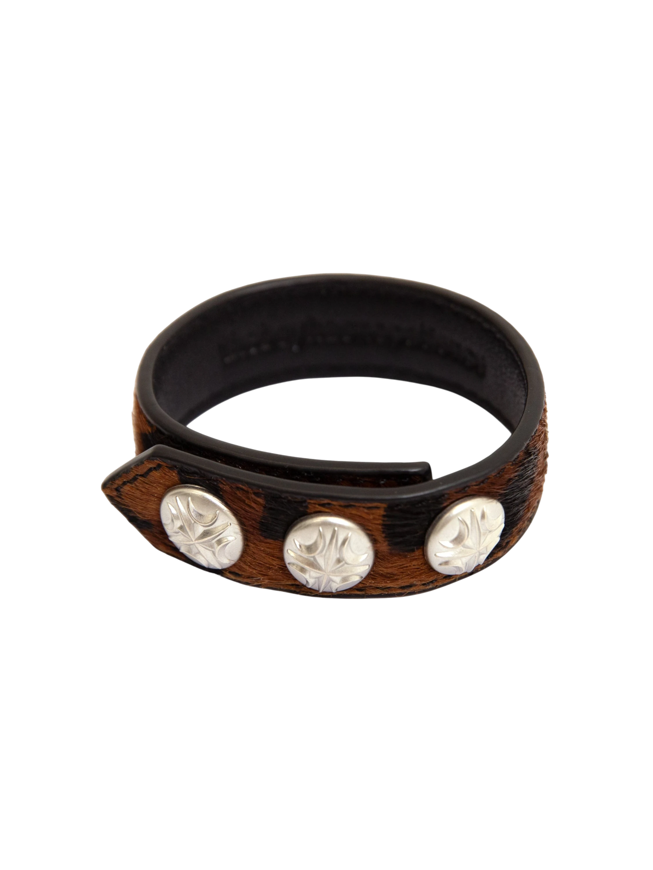 Leopard horsehair leather bracelet with silver-tone hardware, product view.