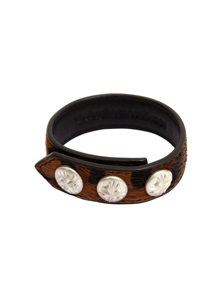 Leopard horsehair leather bracelet with silver-tone hardware, product view.