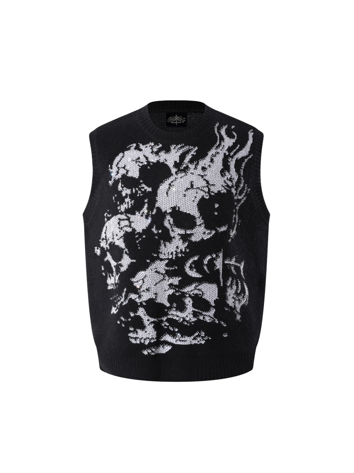 Black TBHNP Wraith Rhinestone Sweater Vest, front product view.