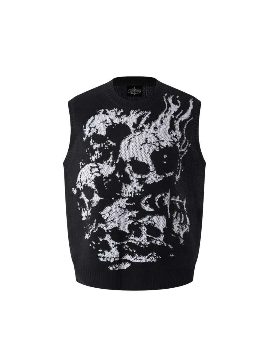 Black TBHNP Wraith Rhinestone Sweater Vest, front product view.