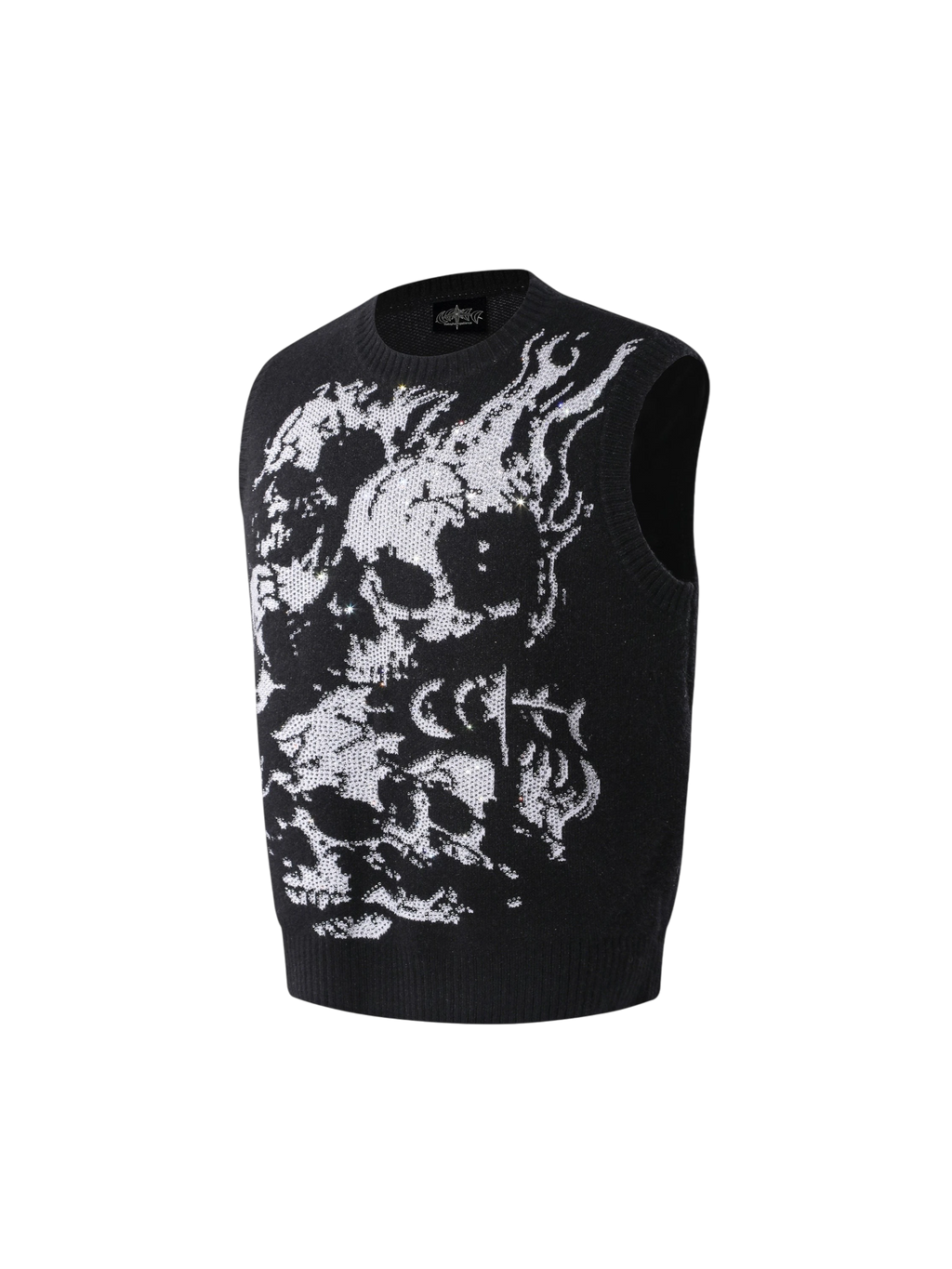 Black Wraith Rhinestone Sweater Vest with jacquard graphic, front flat view.