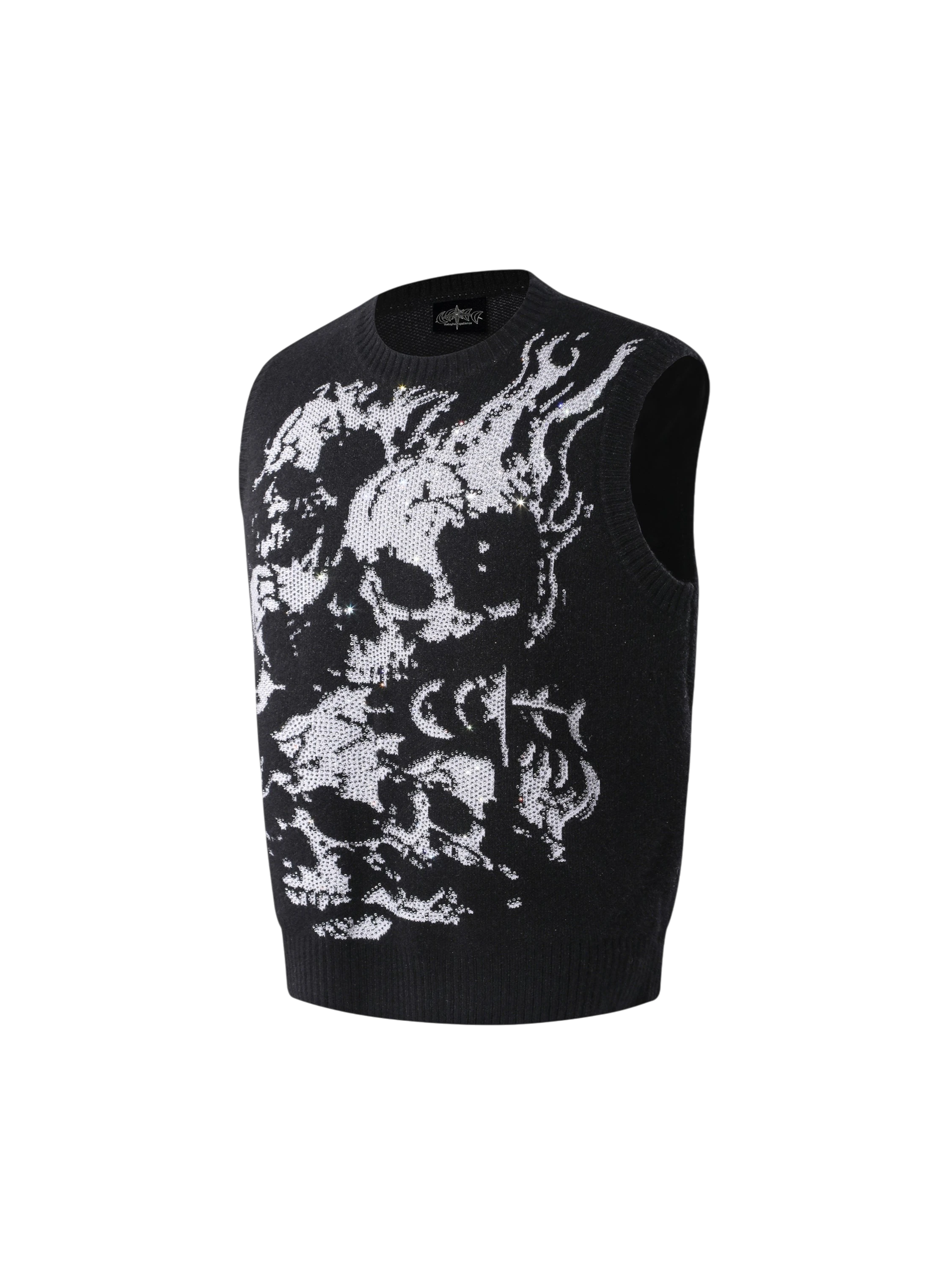 Black Wraith Rhinestone Sweater Vest with jacquard graphic, front flat view.