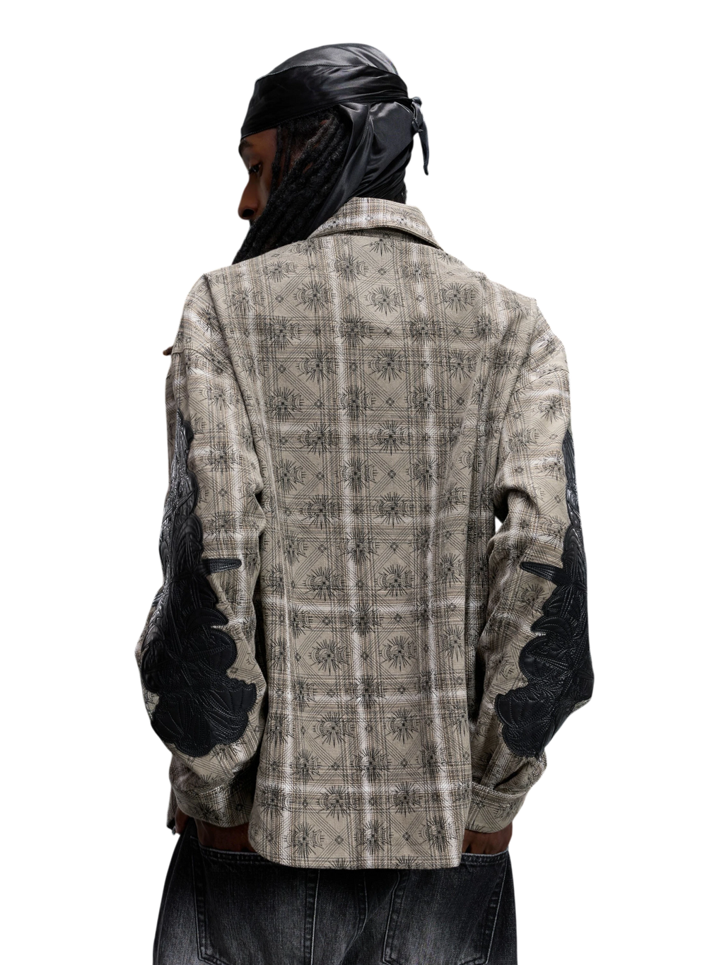 Greenish Yellow Starry Leather Patch Plaid Shirt, back flat view.