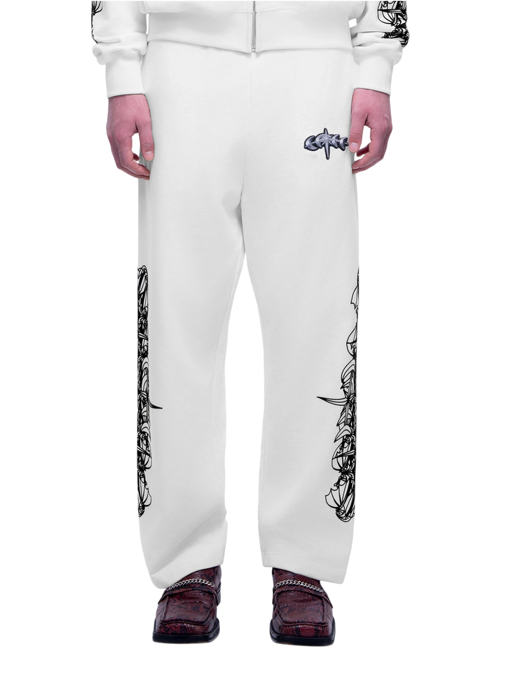 Luminous Dawn astral logo flocked pants in Off White, rear view