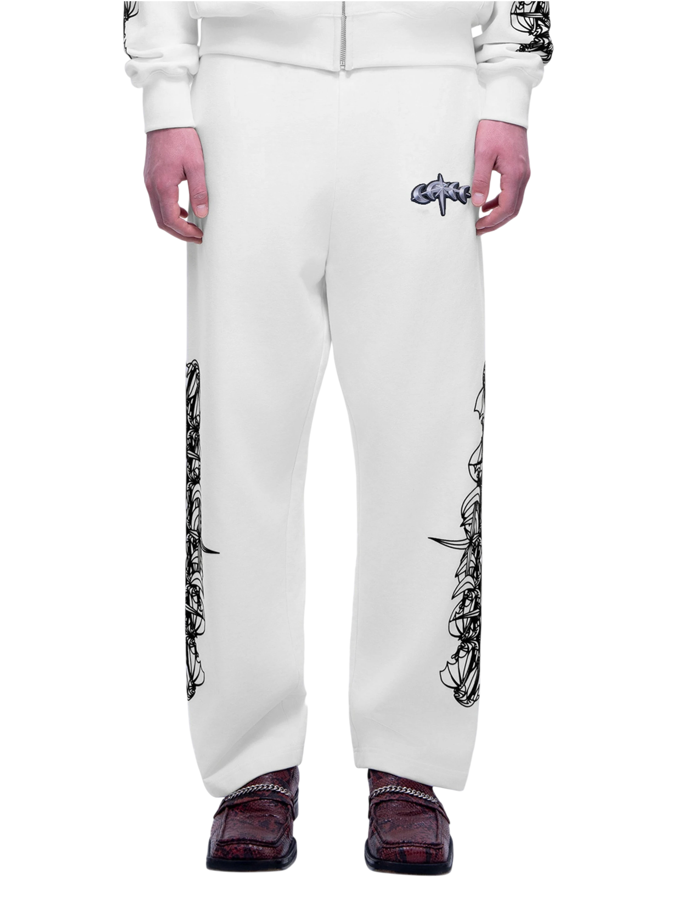 Luminous Dawn astral logo flocked pants in Off White, rear view