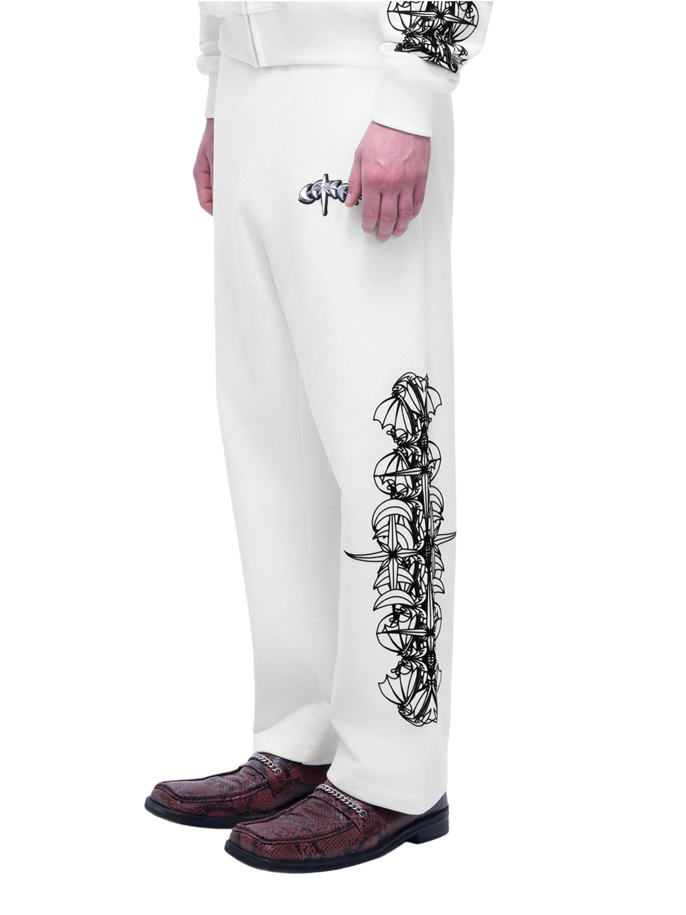 Off White Luminous Dawn pants with raised astral side graphics