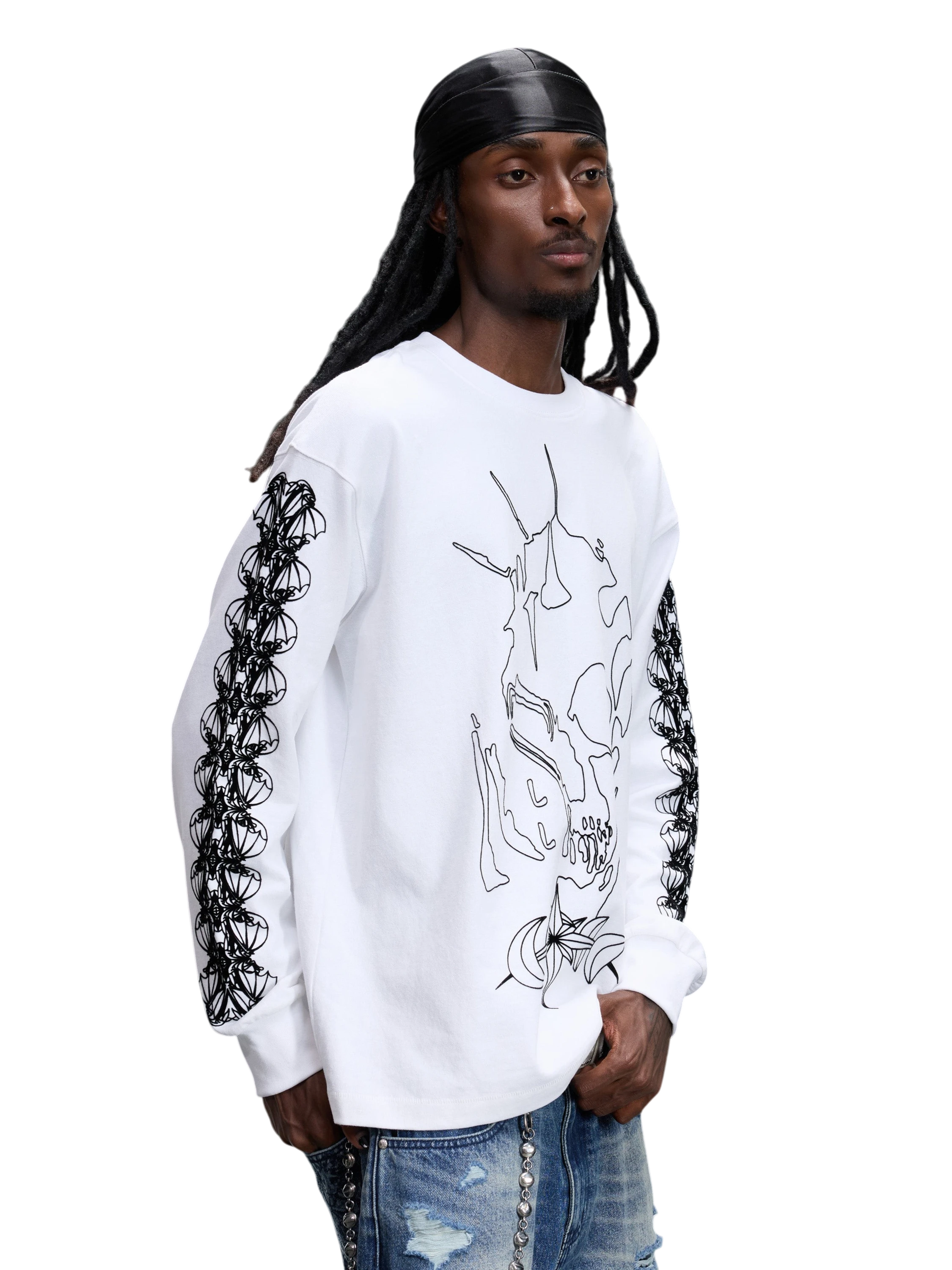 Model wearing Off White Ghost & Knight flocked long-sleeve tee, front view