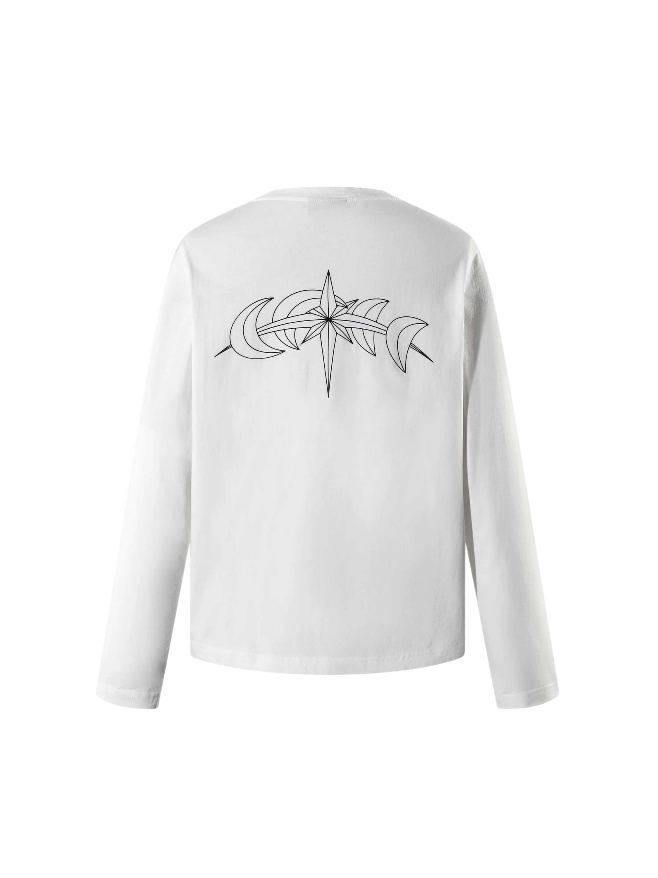 White long-sleeve tee with black star-moon graphic, back view