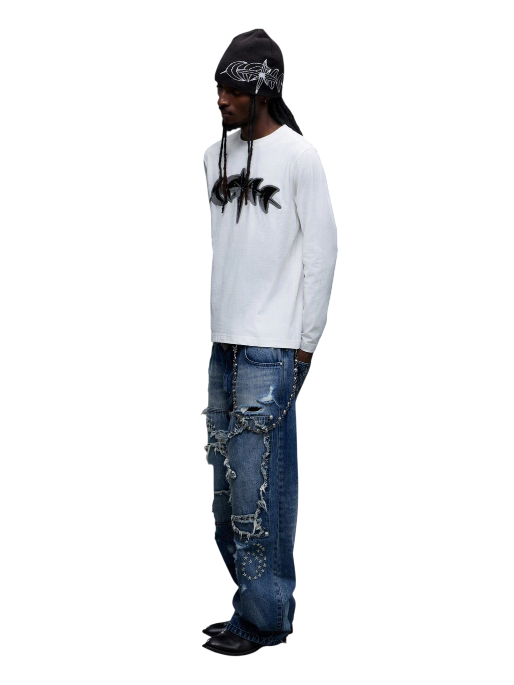 Model wearing White reflective star logo long-sleeve tee, side view
