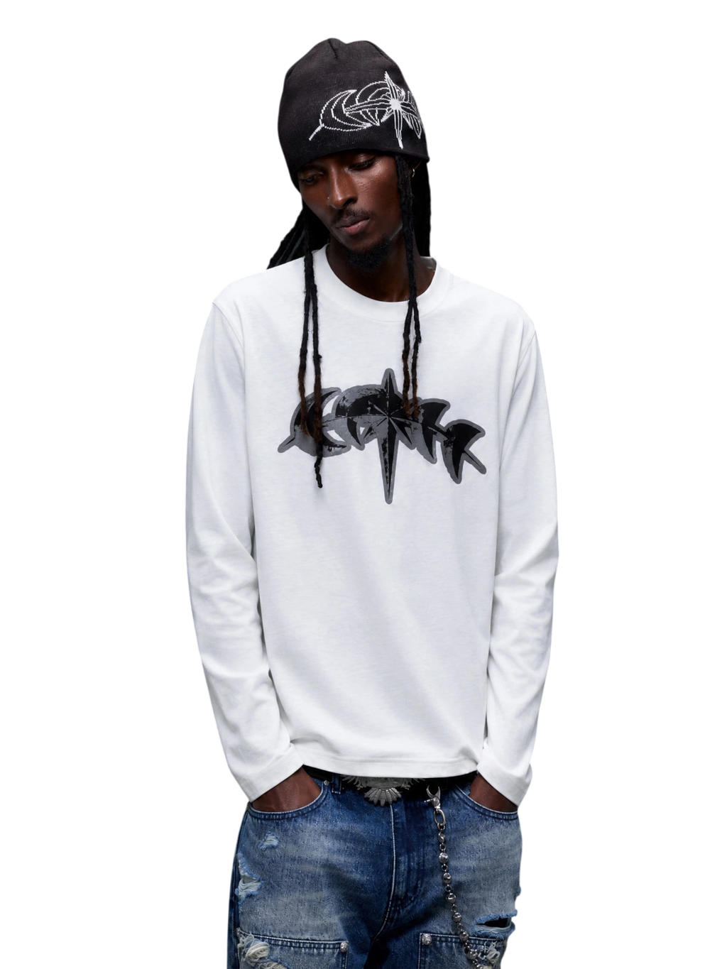 Model wearing White 3M reflective star logo long-sleeve tee, full view