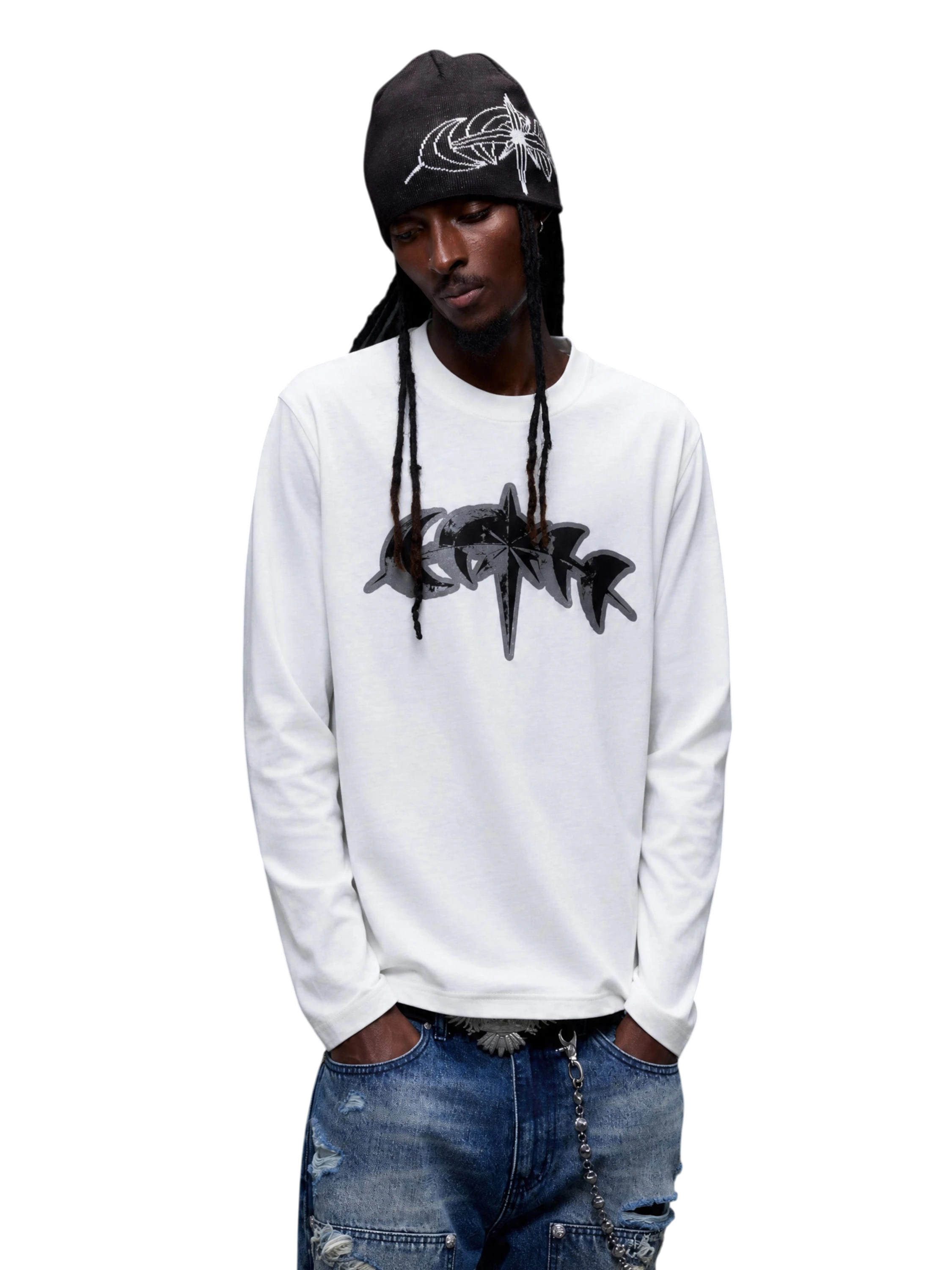 Model wearing White 3M reflective star logo long-sleeve tee, full view