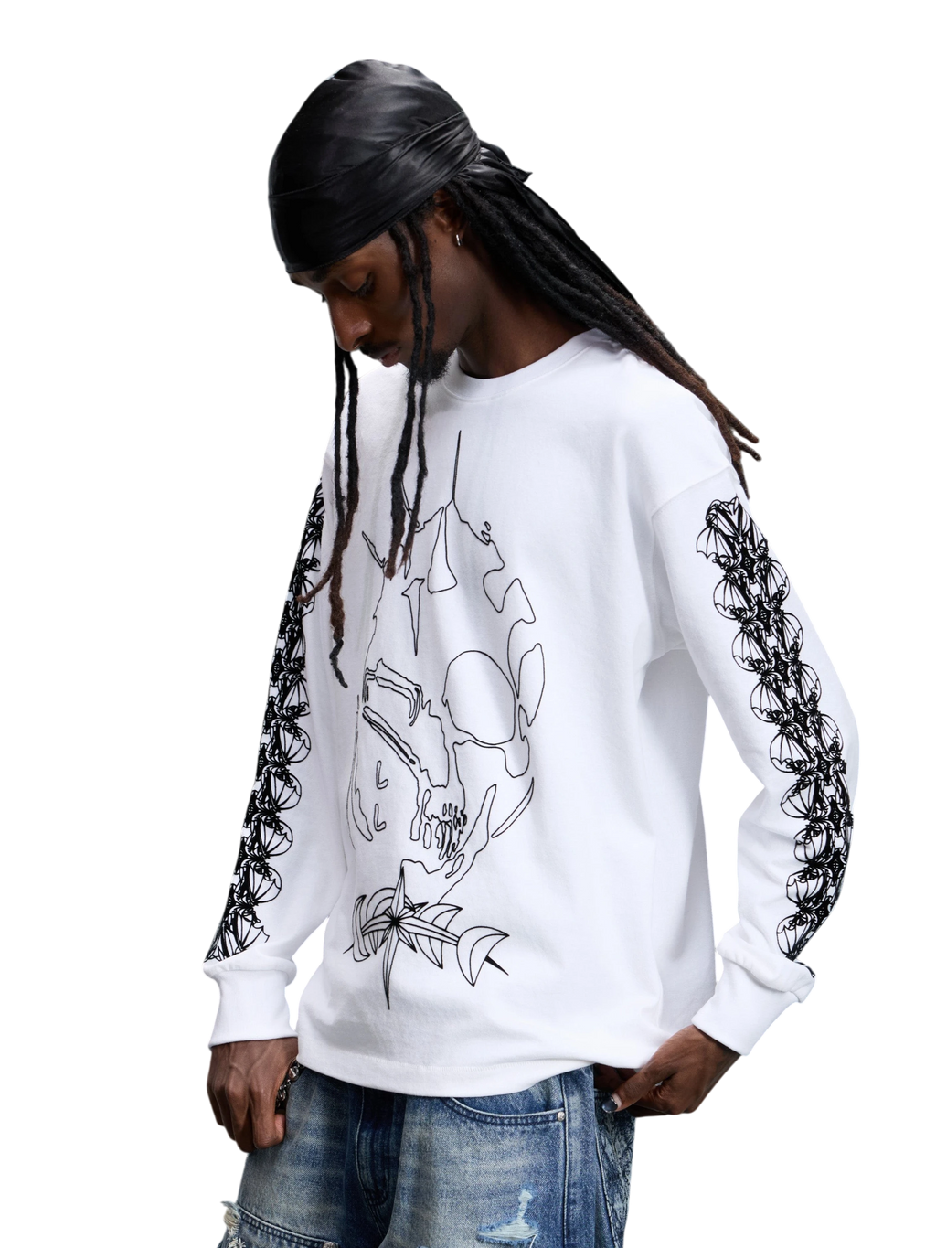 Model wearing Off White Ghost & Knight flocked tee, three-quarter view
