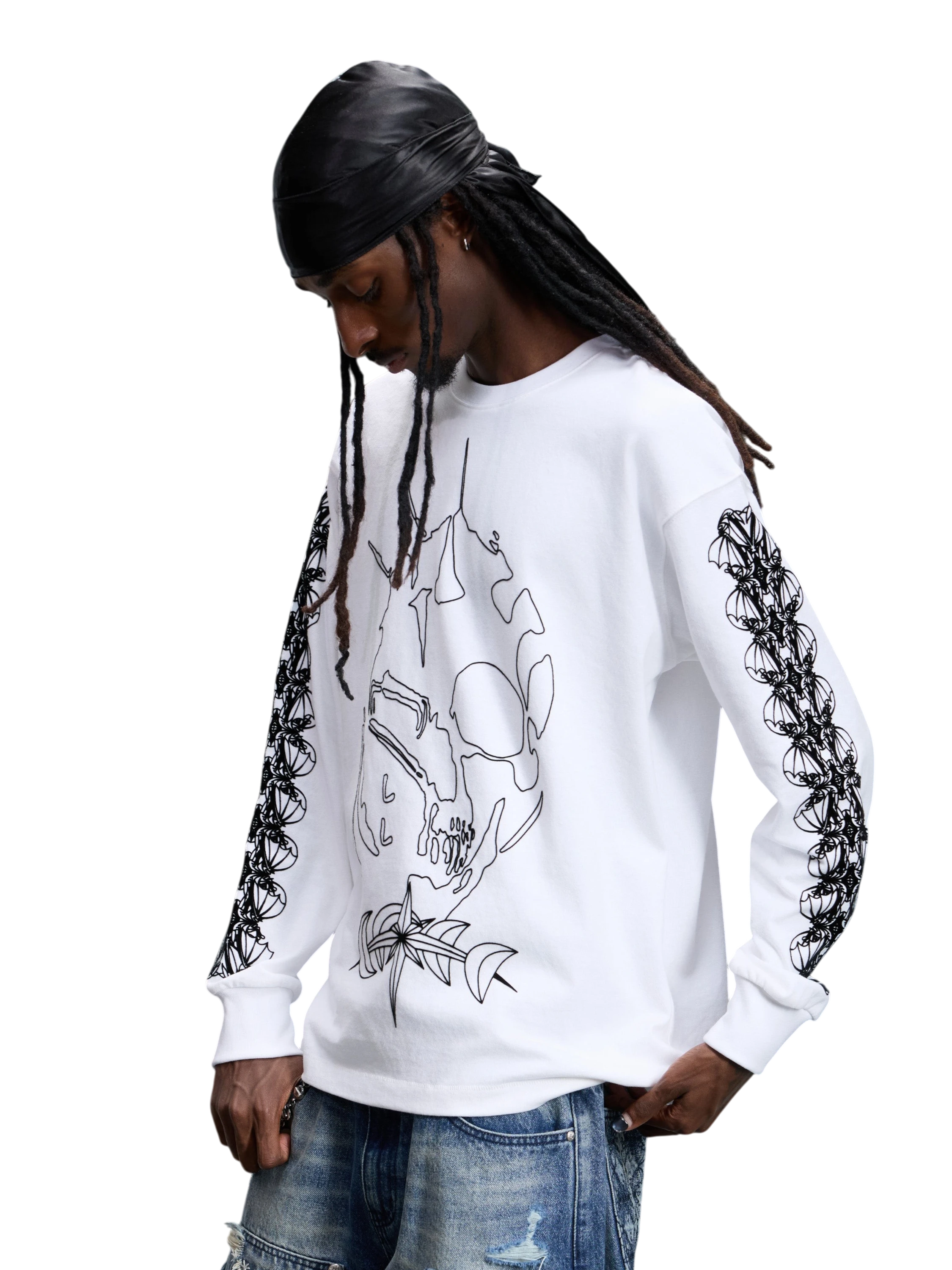 Model wearing Off White Ghost & Knight flocked tee, three-quarter view