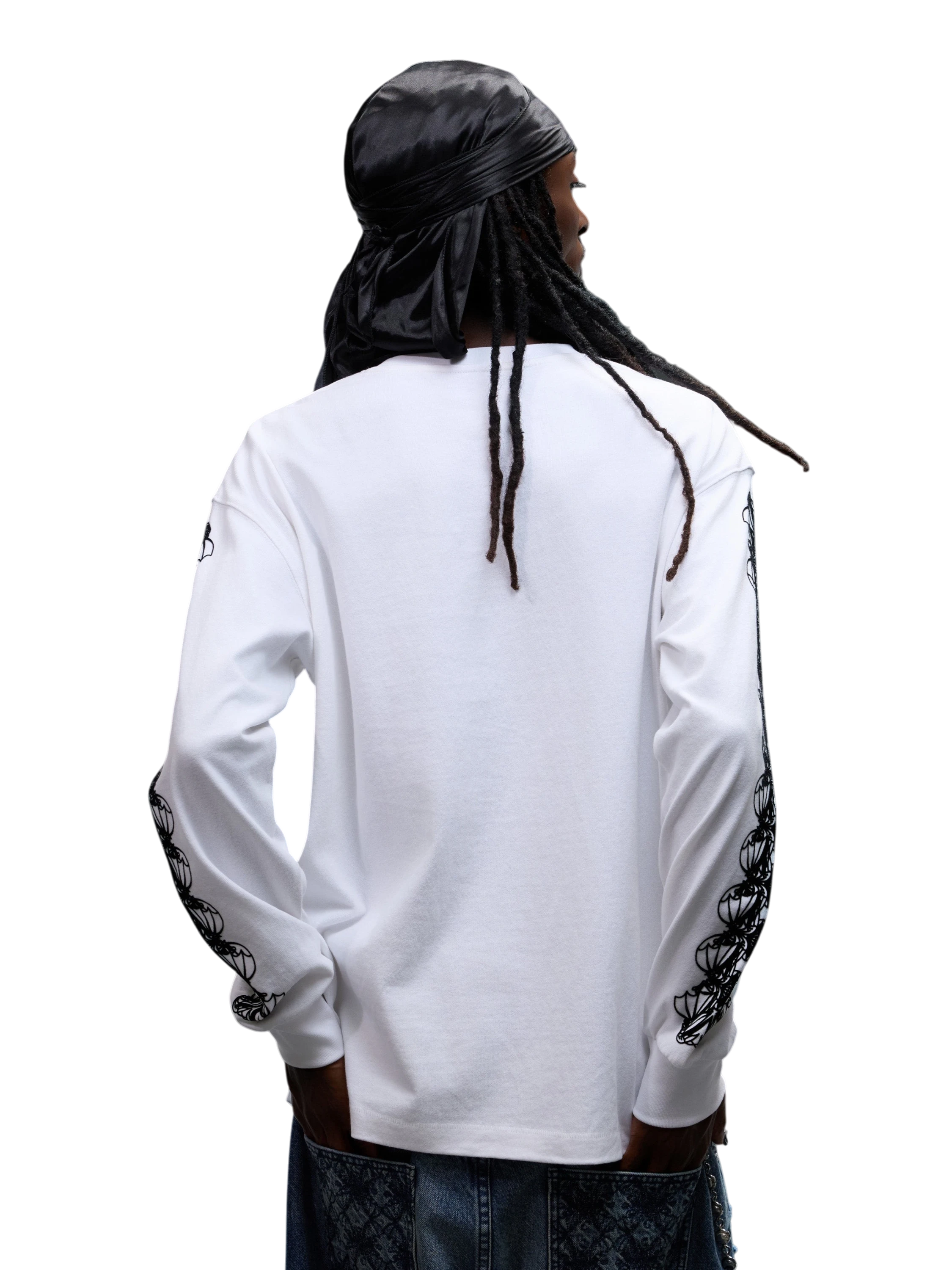 Model wearing Off White flocked long-sleeve tee, back and sleeve view