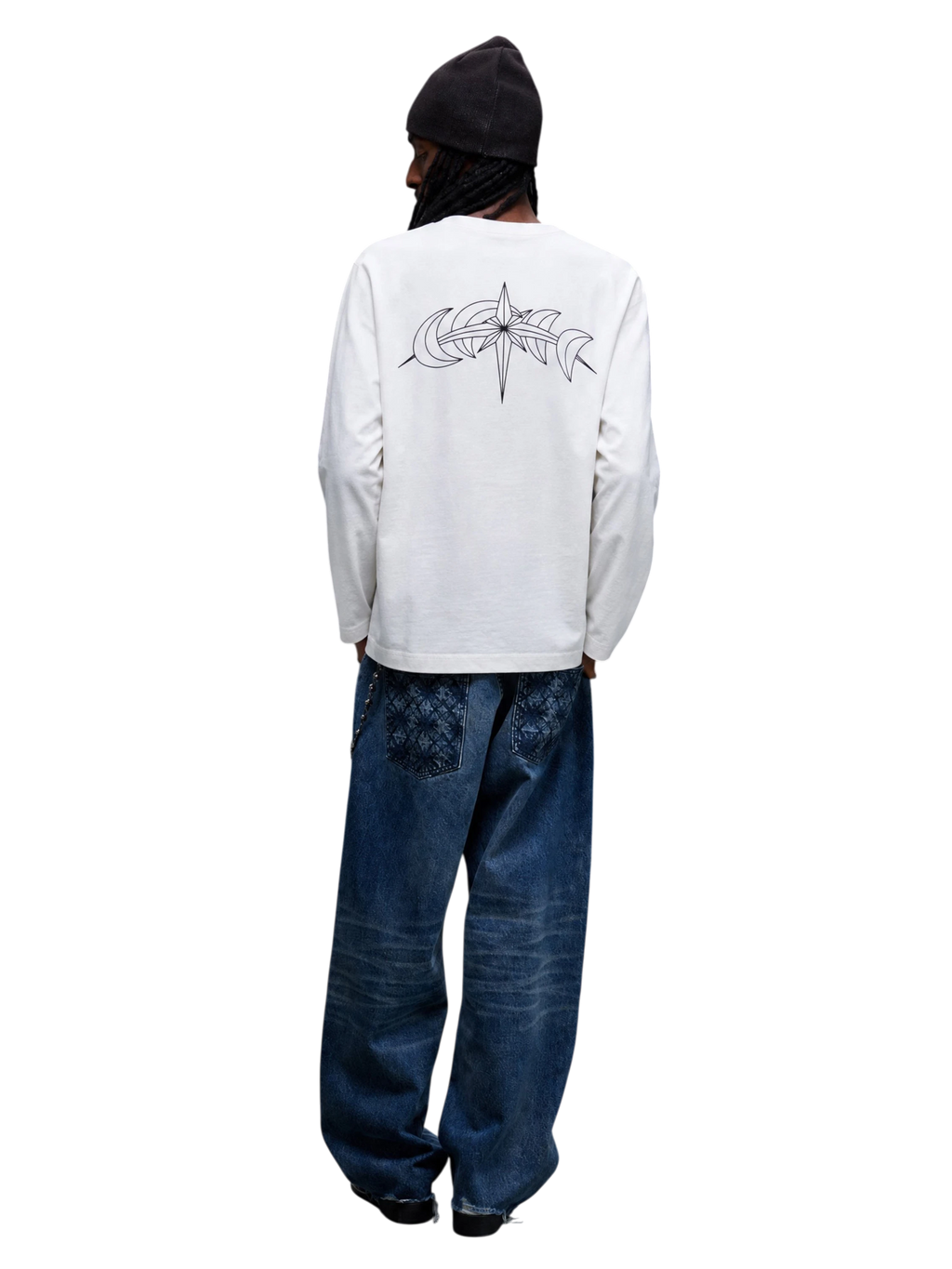 Model wearing White slogan long-sleeve tee with star-moon back graphic