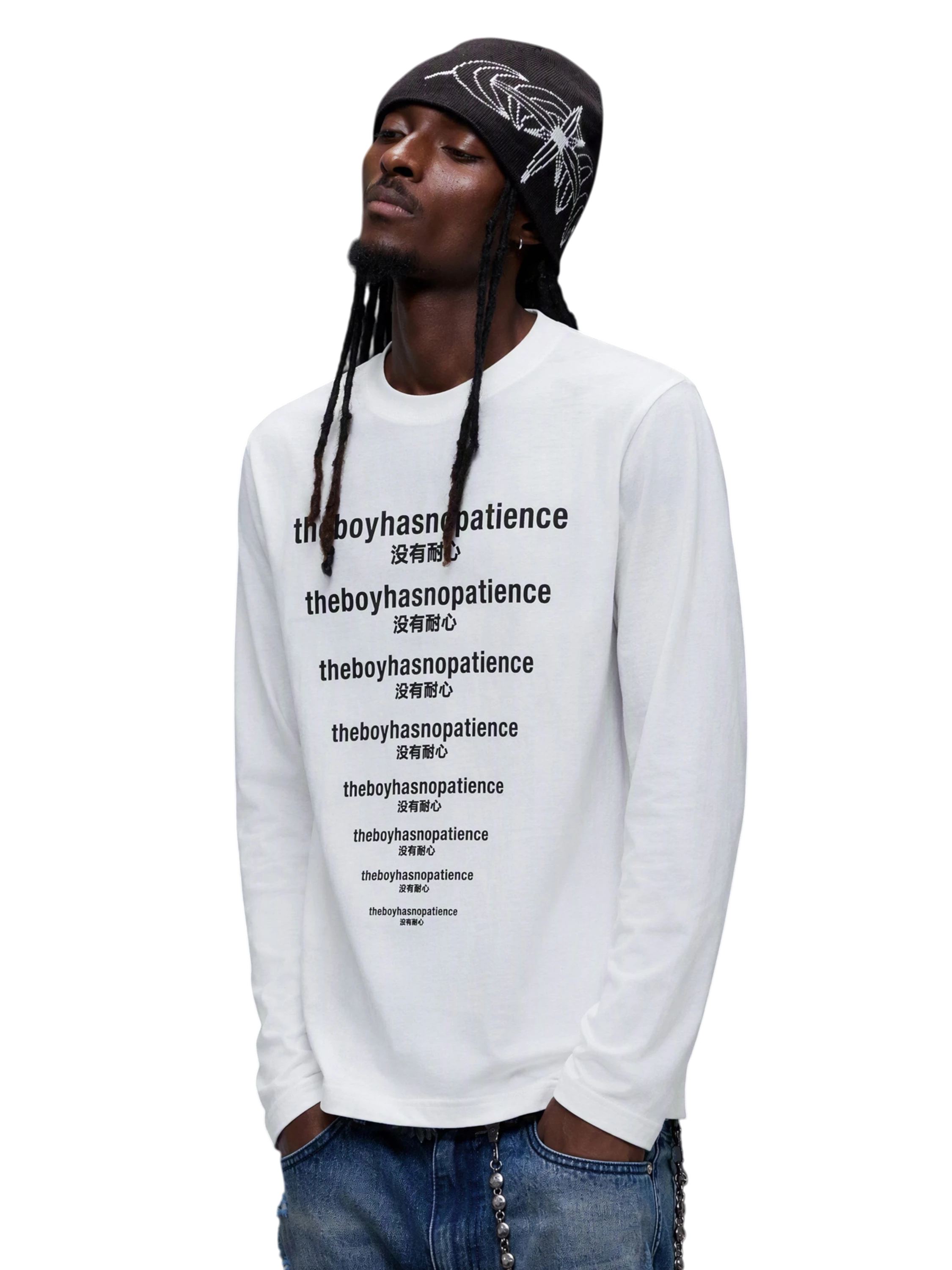 Model wearing White Luminous Dawn slogan long-sleeve tee, front view