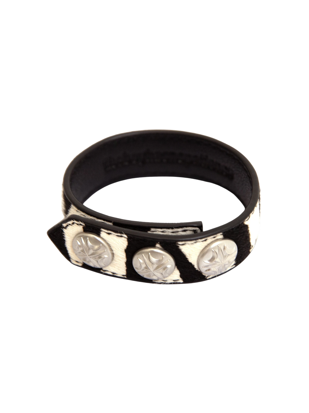 Zebra horsehair leather bracelet with silver-tone hardware, product view.