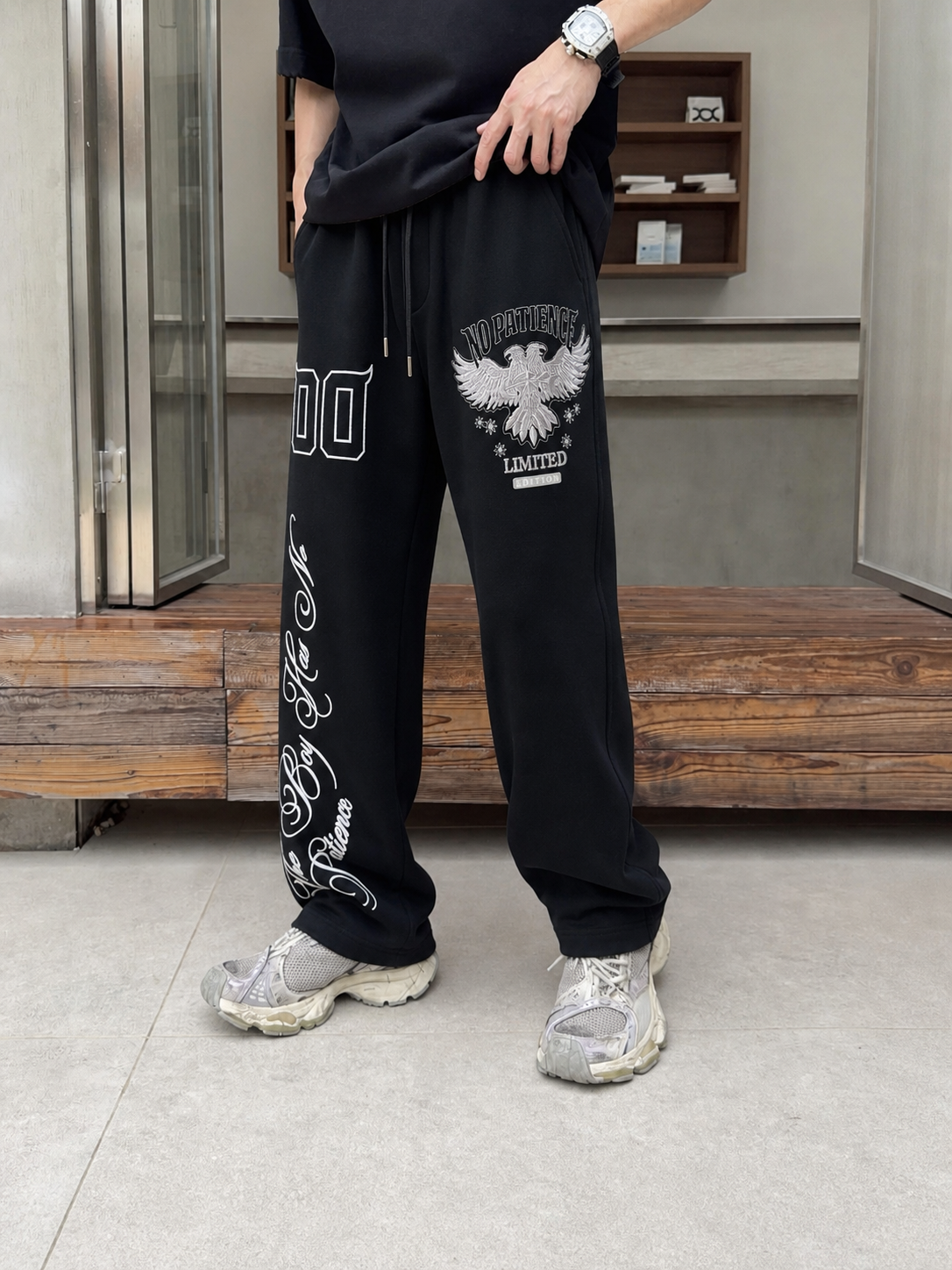 DOUBLE-HEADED EAGLE EMBROIDERED SWEATPANTS — NO PATIENCE CLUB look 4